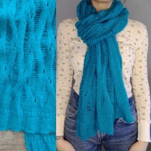 Aqua Blue Wide Oversized Scarf Extra Long Bright Open Weave Crochet Knit